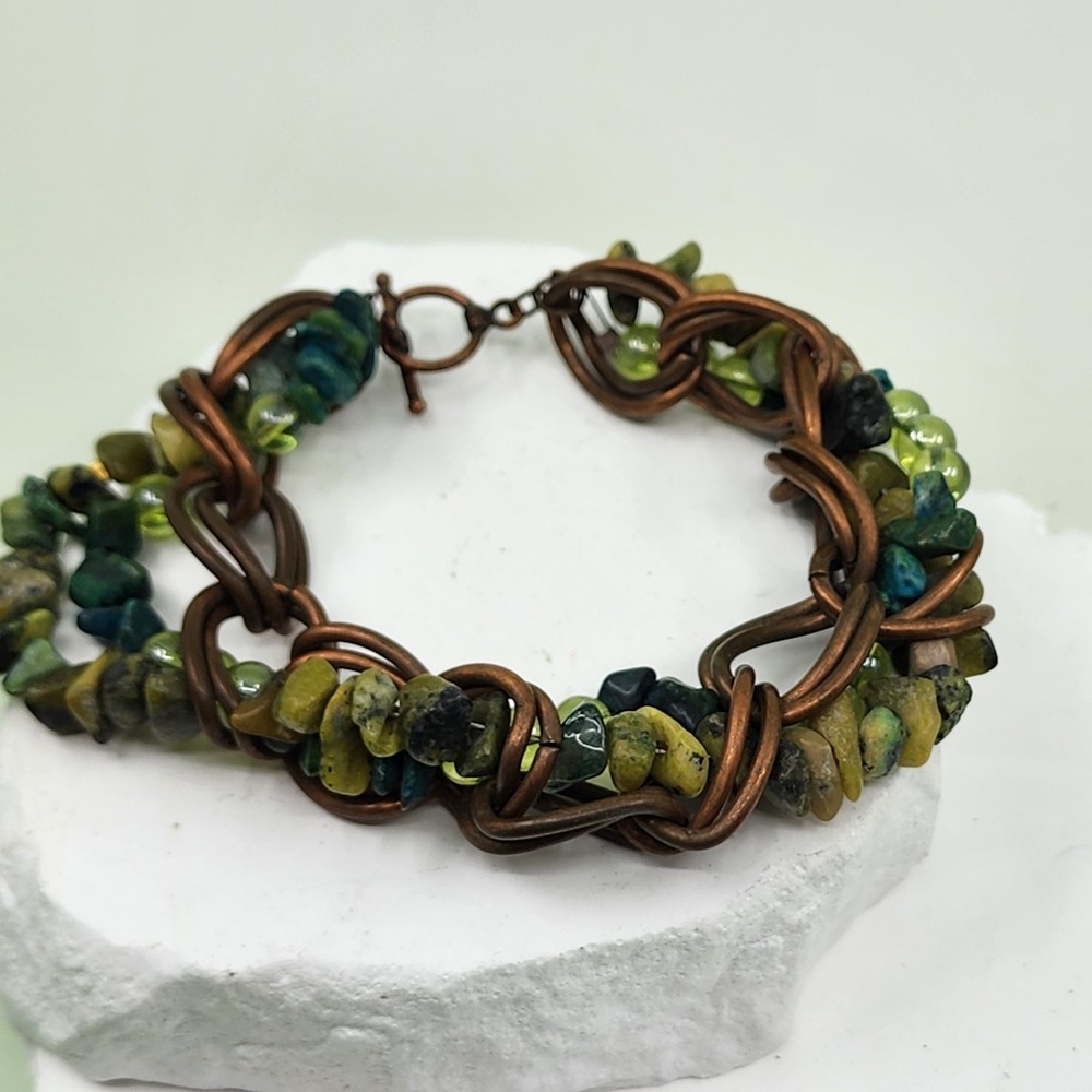 Copper Tone Mixed Green Stone Chip Glass Bead Chunky Bracelet Boho Statement